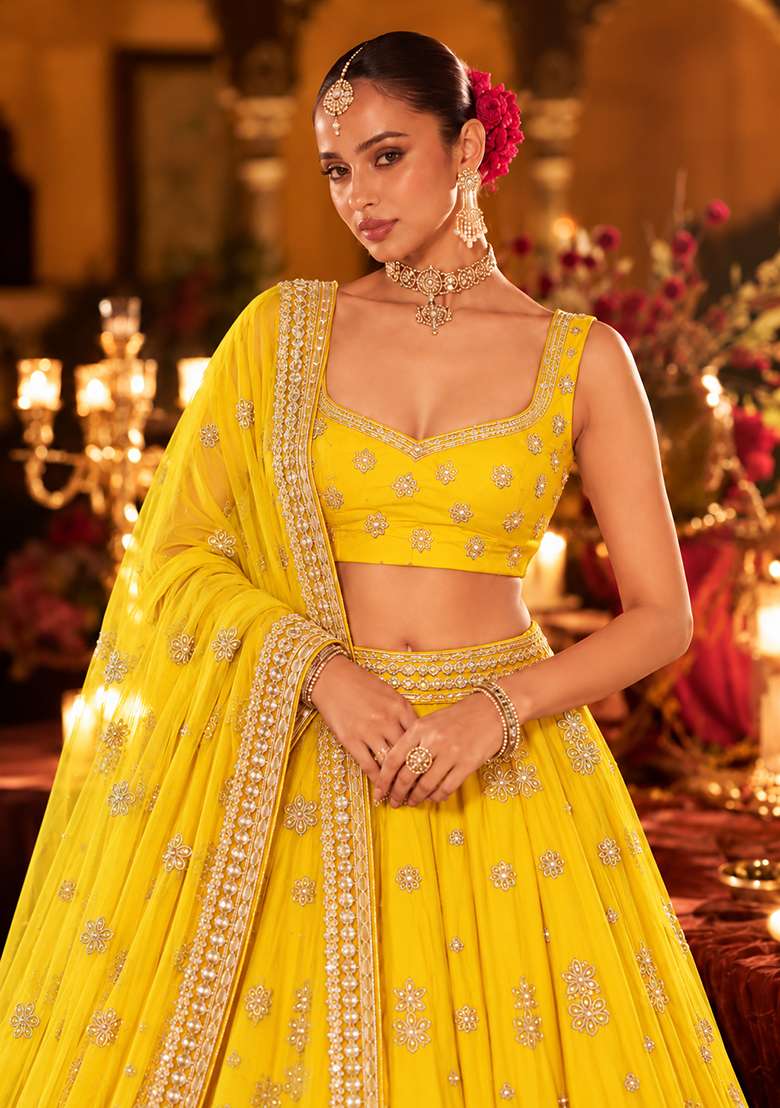 Yellow Mirror Work Georgette Lehenga Set with Matching Dupatta - Indya
