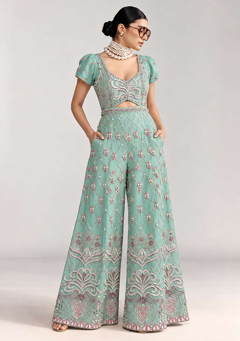 Aqua Blue Chanderi Silk Beaded Jumpsuit - Indya