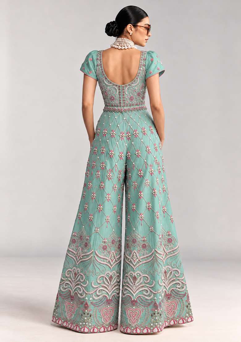Aqua Blue Chanderi Silk Beaded Jumpsuit - Indya