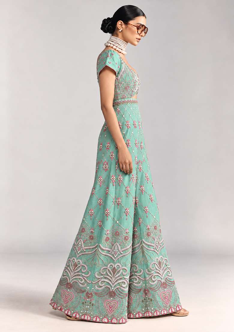 Aqua Blue Chanderi Silk Beaded Jumpsuit - Indya