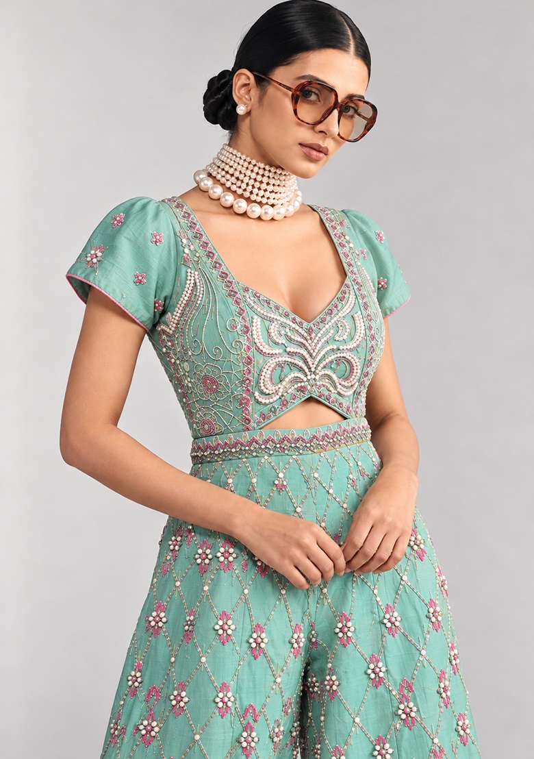 Aqua Blue Chanderi Silk Beaded Jumpsuit - Indya
