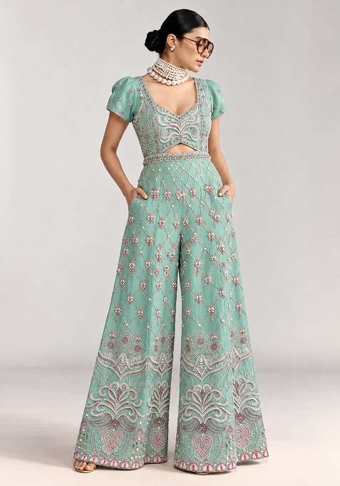 Aqua Blue Chanderi Silk Beaded Jumpsuit