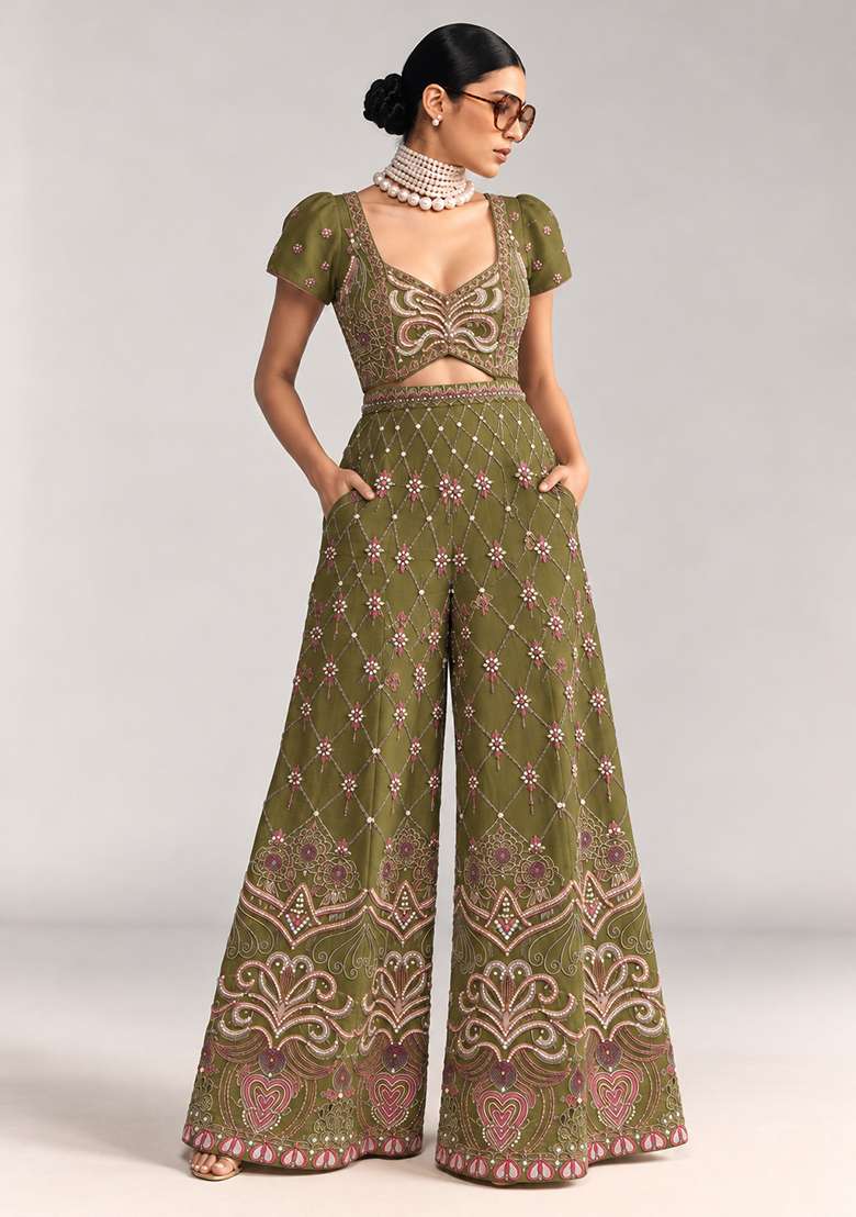 Moss Green Chanderi Silk Beaded Jumpsuit - Indya