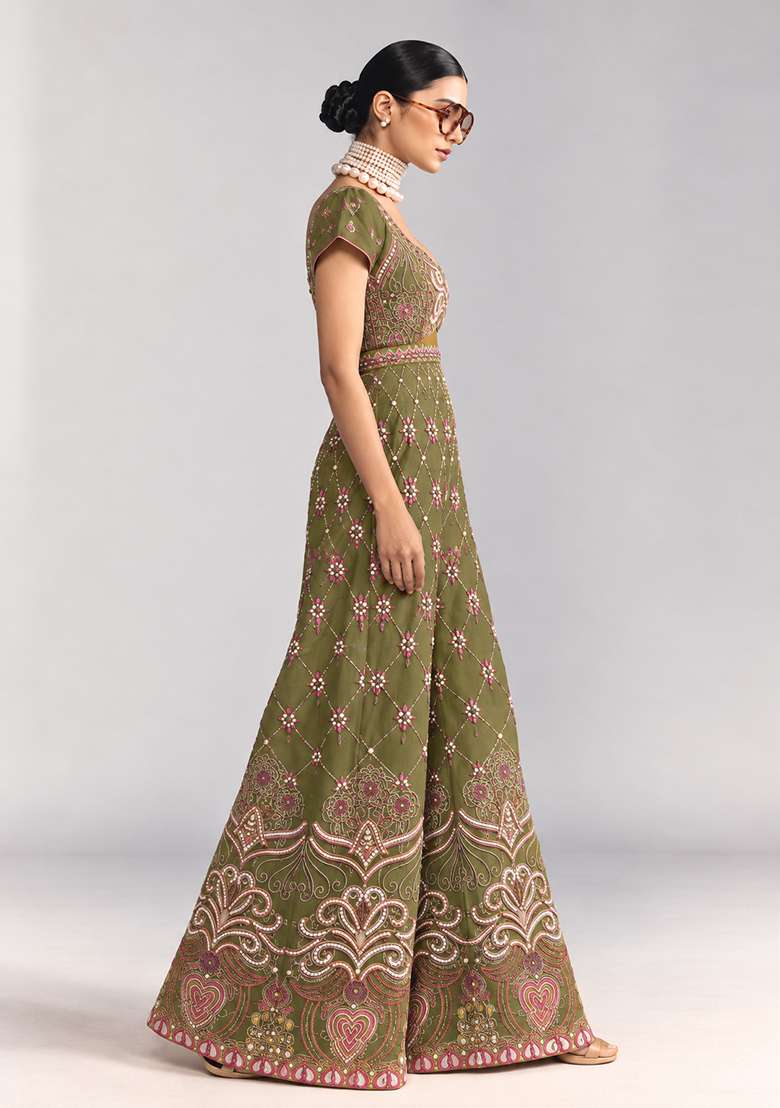 Moss Green Chanderi Silk Beaded Jumpsuit - Indya