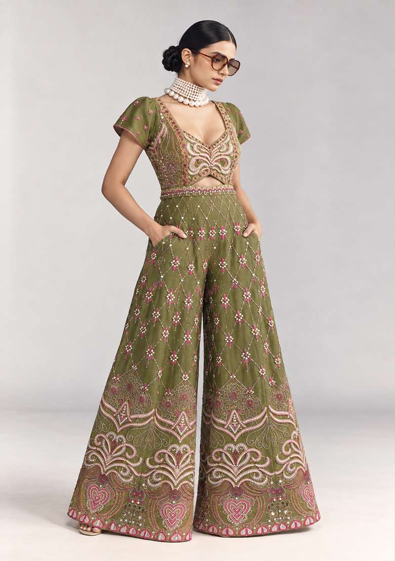 Moss Green Chanderi Silk Beaded Jumpsuit - Indya