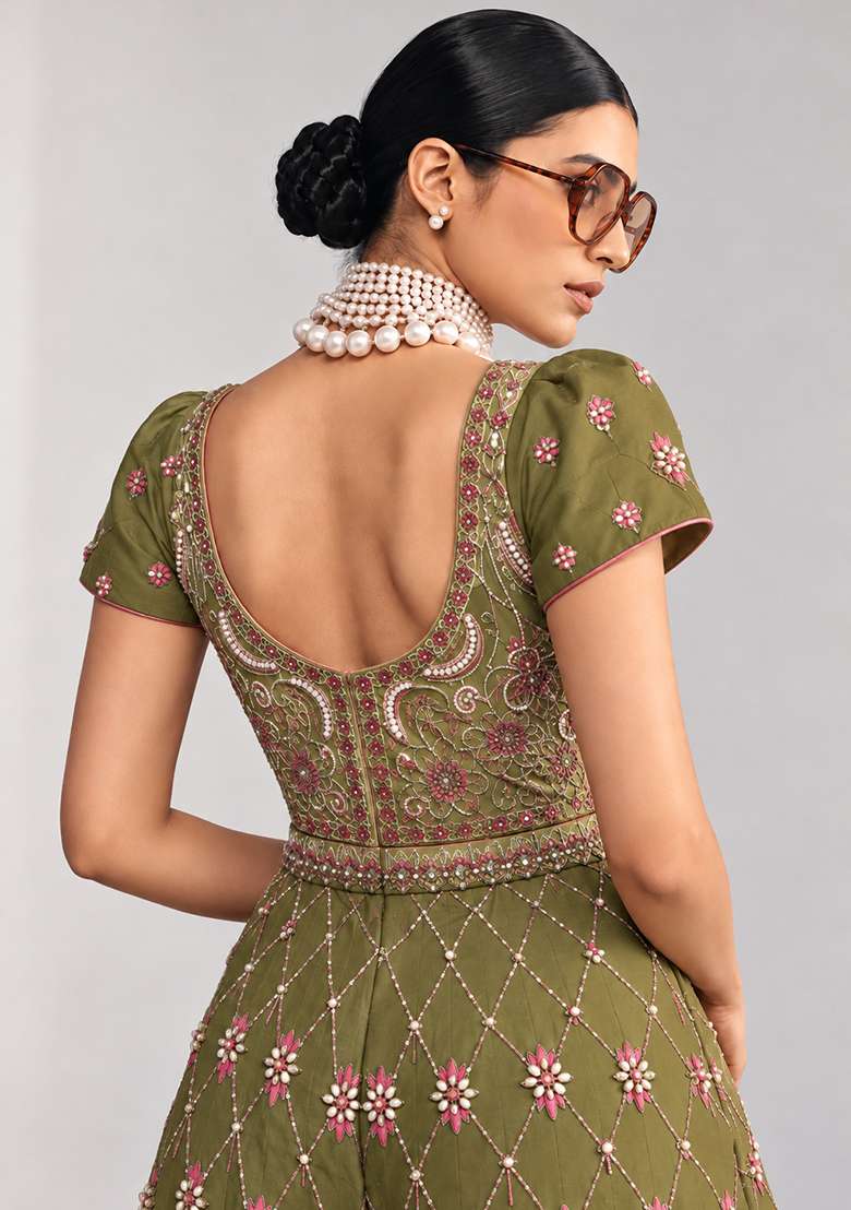 Moss Green Chanderi Silk Beaded Jumpsuit - Indya