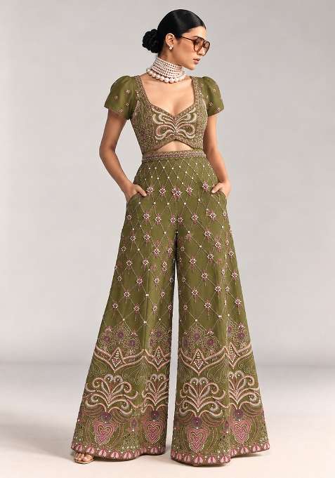 Moss Green Chanderi Silk Beaded Jumpsuit
