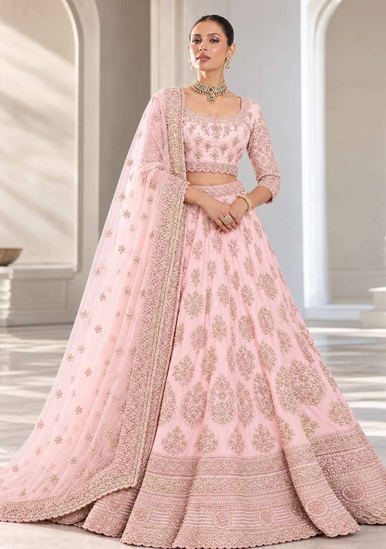 Light Peach Cutdana Embellished Chanderi Silk Lehenga Set with Net Dupatta - Indya