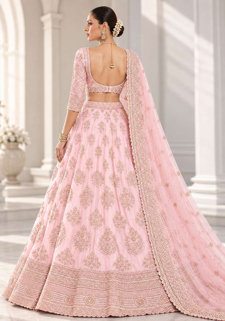 Light Peach Cutdana Embellished Chanderi Silk Lehenga Set with Net Dupatta - Indya
