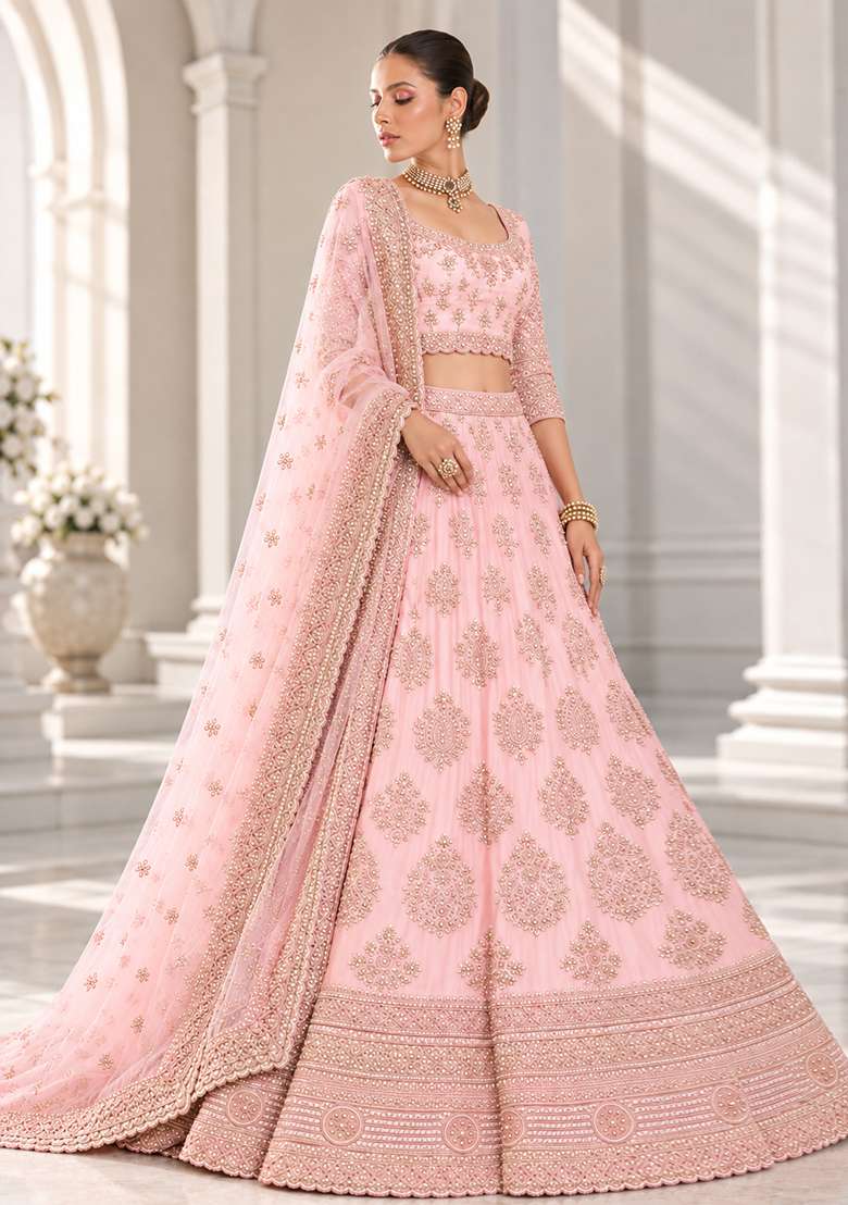 Light Peach Cutdana Embellished Chanderi Silk Lehenga Set with Net Dupatta - Indya