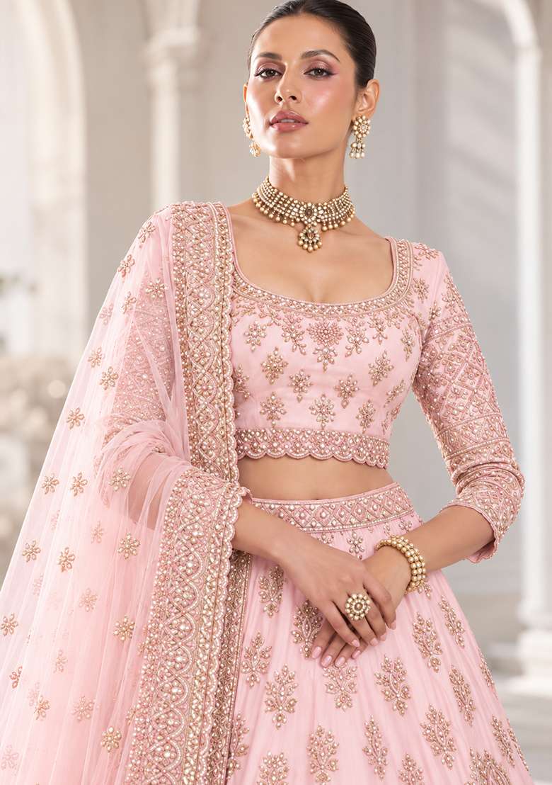 Light Peach Cutdana Embellished Chanderi Silk Lehenga Set with Net Dupatta - Indya