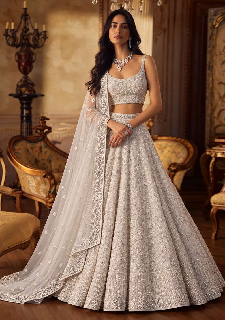 Light Beige Sequin and Cutdana Embellished Organza Lehenga Set with Matching Dupatta - Indya