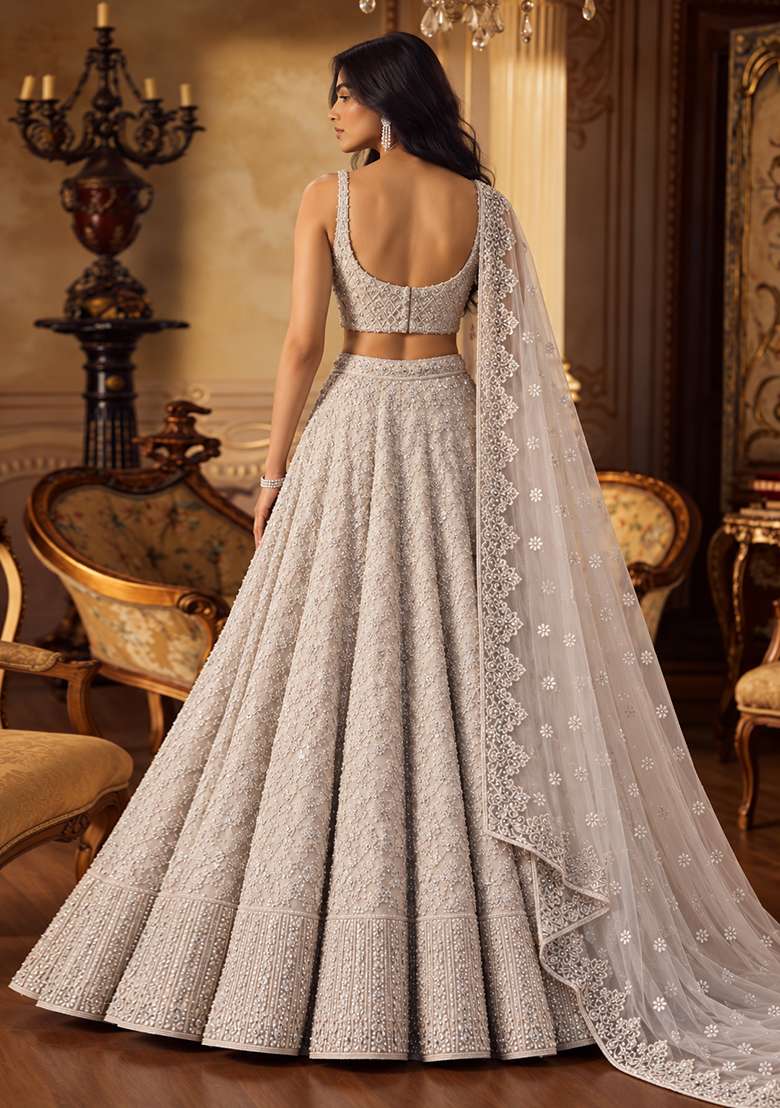 Light Beige Sequin and Cutdana Embellished Organza Lehenga Set with Matching Dupatta - Indya