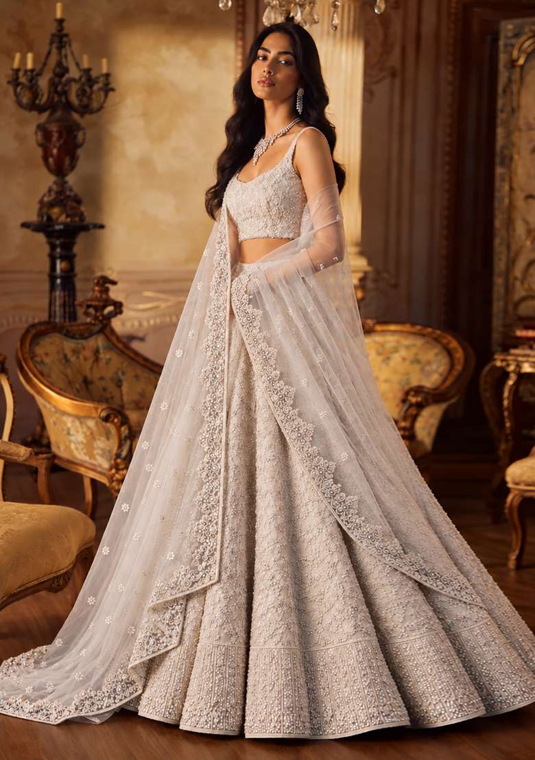 Light Beige Sequin and Cutdana Embellished Organza Lehenga Set with Matching Dupatta - Indya