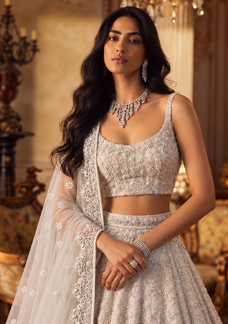 Light Beige Sequin and Cutdana Embellished Organza Lehenga Set with Matching Dupatta - Indya