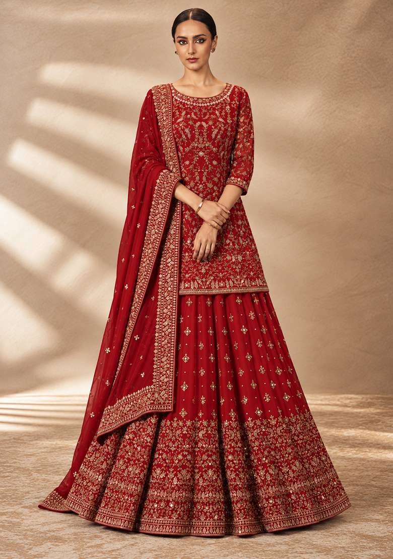 Bright Red Zardozi Hand Embroidered Georgette Lehenga Set with Matching Dupatta - Indya