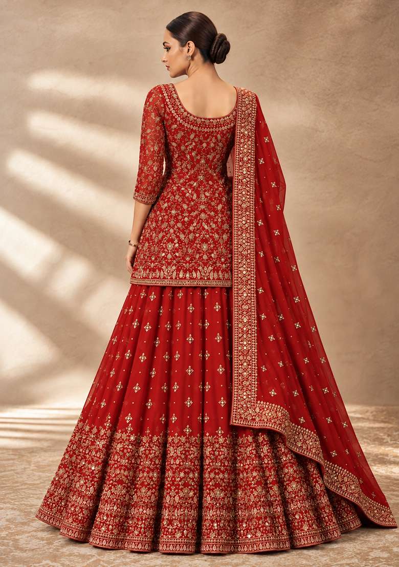 Bright Red Zardozi Hand Embroidered Georgette Lehenga Set with Matching Dupatta - Indya