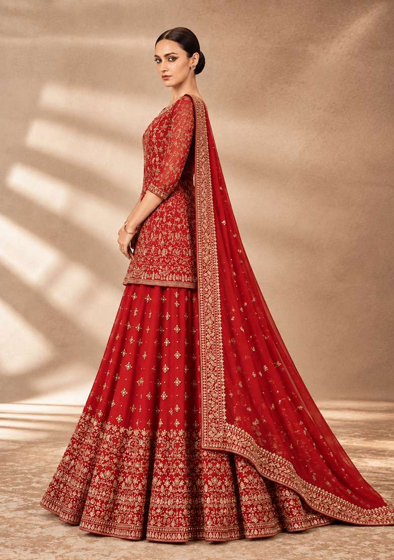 Bright Red Zardozi Hand Embroidered Georgette Lehenga Set with Matching Dupatta - Indya