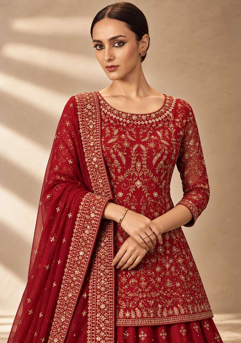 Bright Red Zardozi Hand Embroidered Georgette Lehenga Set with Matching Dupatta - Indya