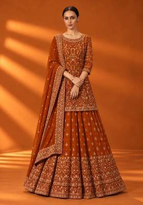 Burnt Orange Zardozi Hand Embroidered Georgette Lehenga Set with Matching Dupatta