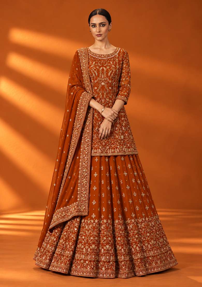 Burnt Orange Zardozi Hand Embroidered Georgette Lehenga Set with Matching Dupatta - Indya