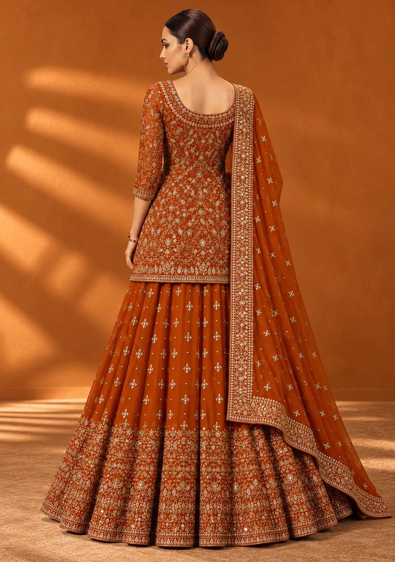Burnt Orange Zardozi Hand Embroidered Georgette Lehenga Set with Matching Dupatta - Indya