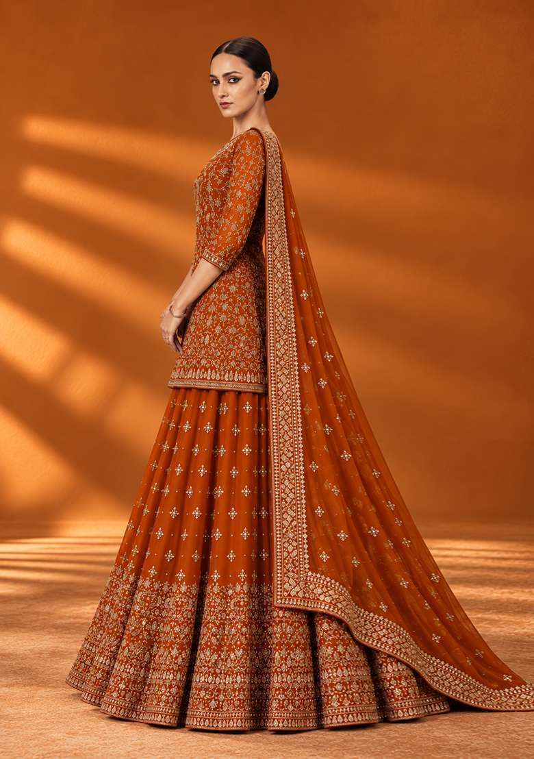Burnt Orange Zardozi Hand Embroidered Georgette Lehenga Set with Matching Dupatta - Indya
