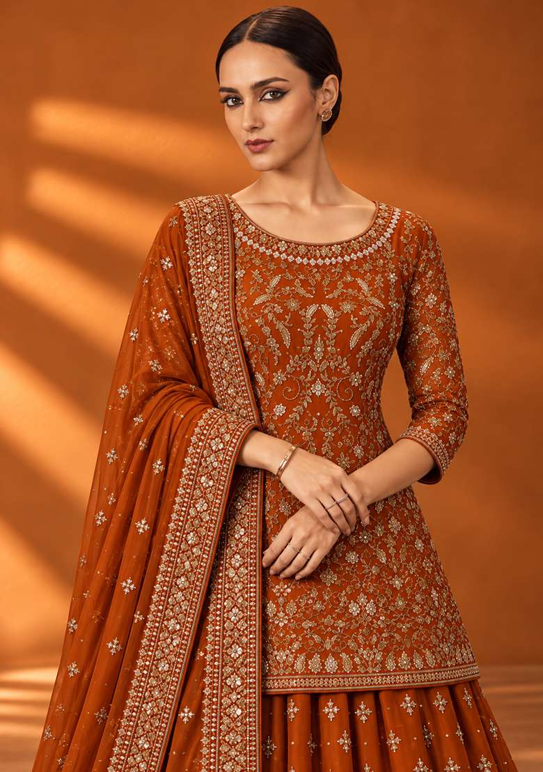 Burnt Orange Zardozi Hand Embroidered Georgette Lehenga Set with Matching Dupatta - Indya