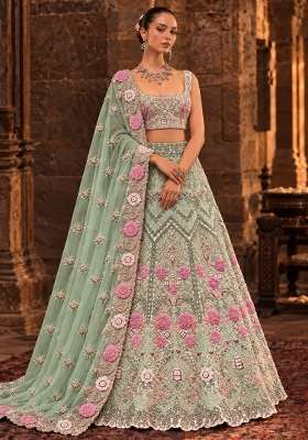 Light Green Stone and Cutdana Embellished Chanderi Silk Lehenga Set with Organza Dupatta