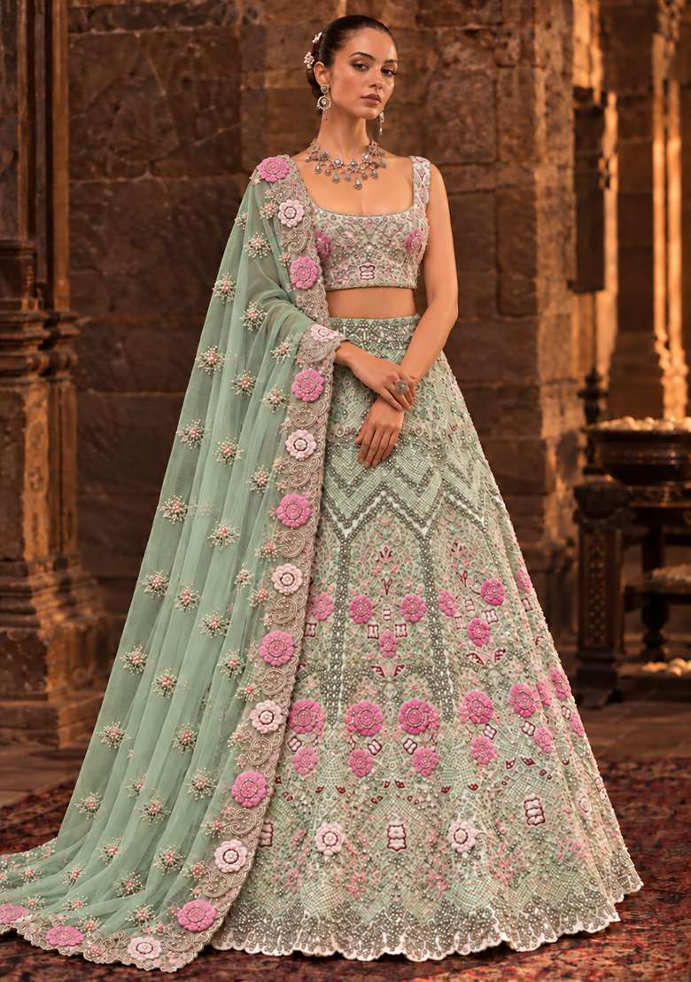 Light Green Stone and Cutdana Embellished Chanderi Silk Lehenga Set with Organza Dupatta - Indya
