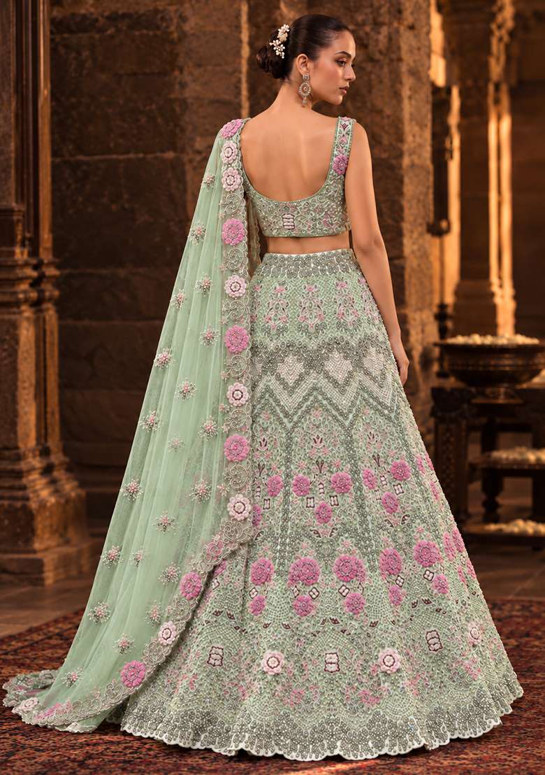 Light Green Stone and Cutdana Embellished Chanderi Silk Lehenga Set with Organza Dupatta - Indya