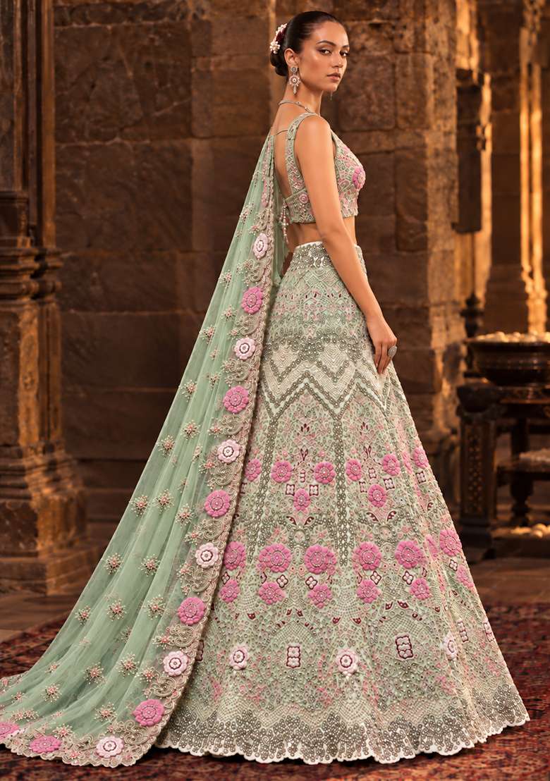 Light Green Stone and Cutdana Embellished Chanderi Silk Lehenga Set with Organza Dupatta - Indya