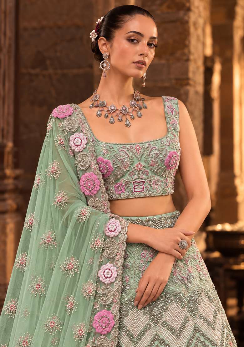 Light Green Stone and Cutdana Embellished Chanderi Silk Lehenga Set with Organza Dupatta - Indya