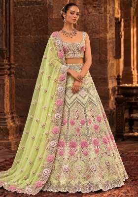 Lime Green Stone and Cutdana Embellished Chanderi Silk Lehenga Set with Organza Dupatta