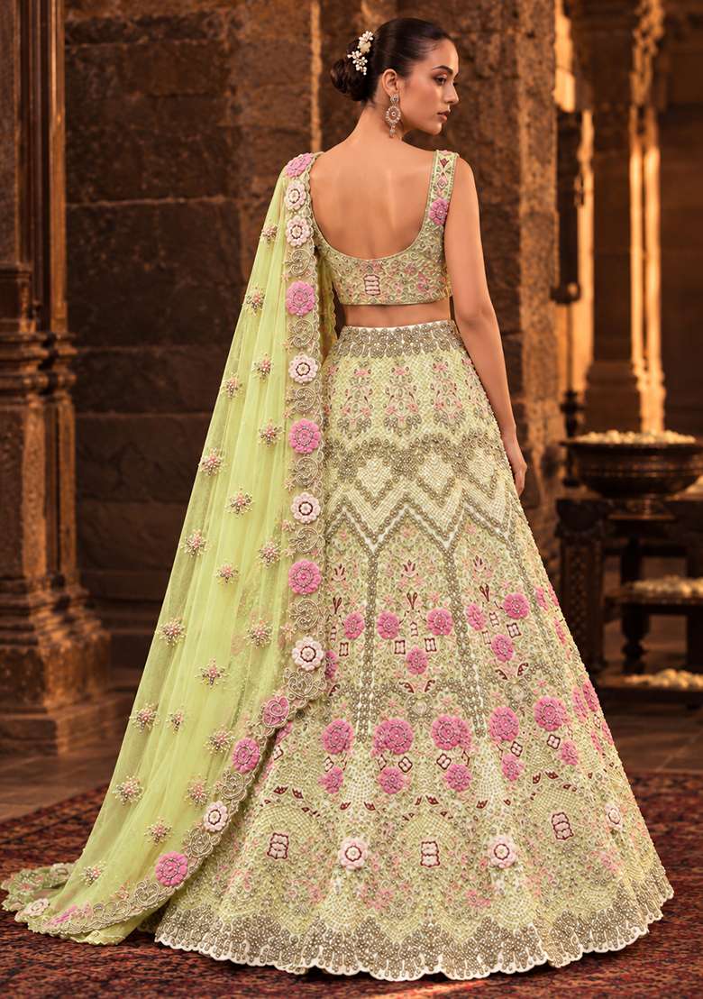 Lime Green Stone and Cutdana Embellished Chanderi Silk Lehenga Set with Organza Dupatta - Indya