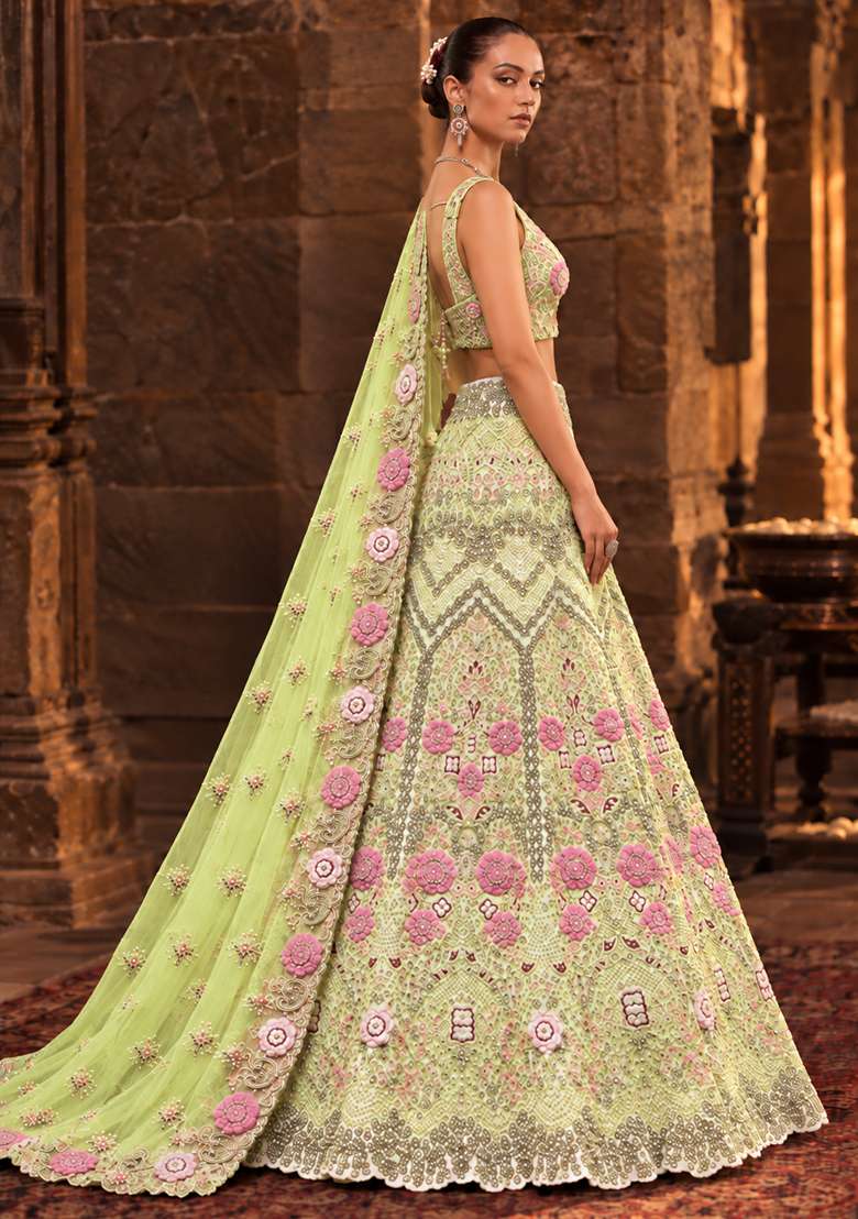 Lime Green Stone and Cutdana Embellished Chanderi Silk Lehenga Set with Organza Dupatta - Indya