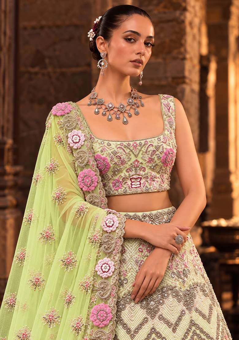 Lime Green Stone and Cutdana Embellished Chanderi Silk Lehenga Set with Organza Dupatta - Indya