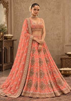Salmon Pink Sequin and Cutdana Embellished Chanderi Silk Lehenga Choli Set