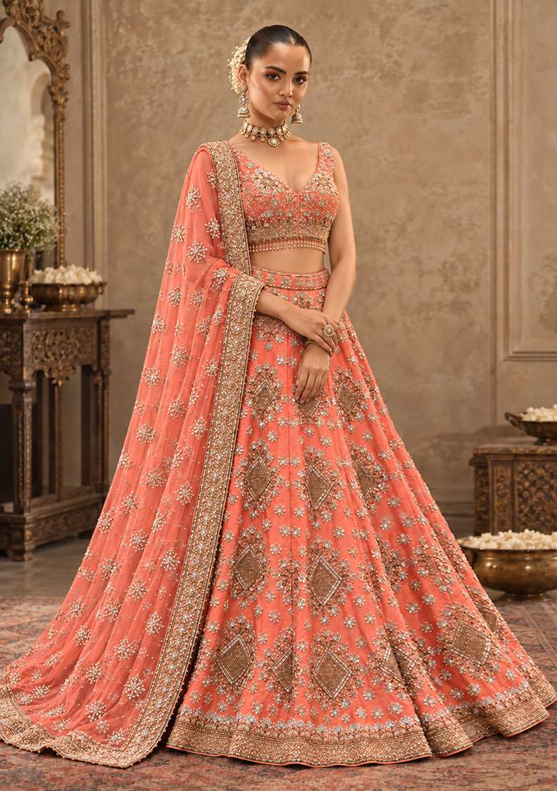Salmon Pink Sequin and Cutdana Embellished Chanderi Silk Lehenga Choli Set - Indya