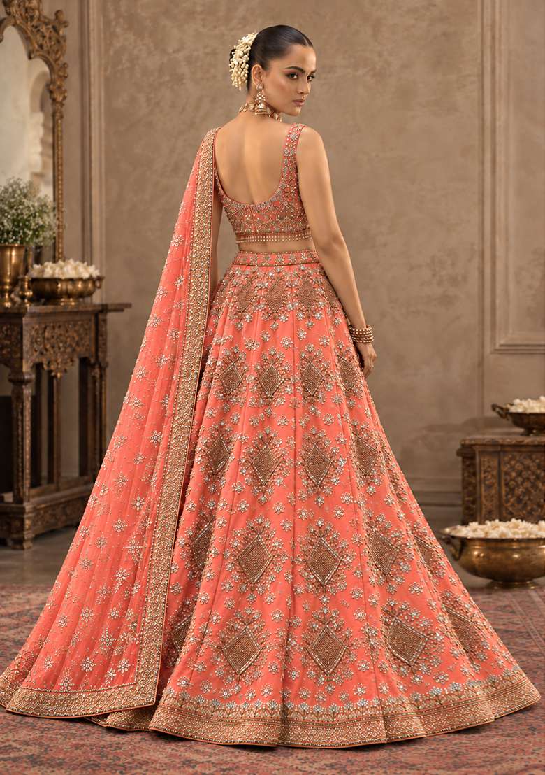 Salmon Pink Sequin and Cutdana Embellished Chanderi Silk Lehenga Choli Set - Indya