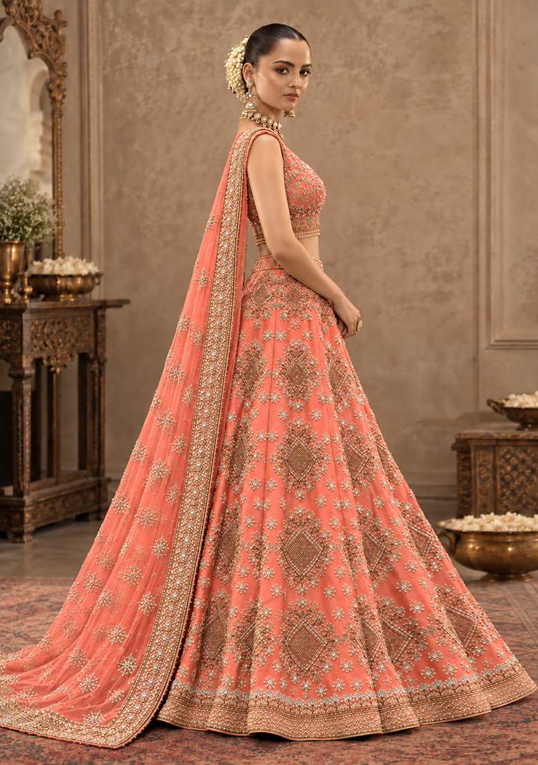 Salmon Pink Sequin and Cutdana Embellished Chanderi Silk Lehenga Choli Set - Indya