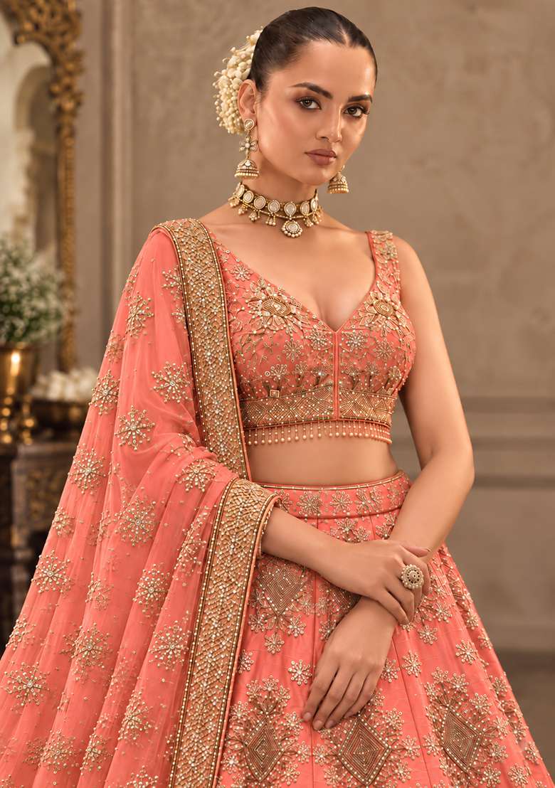 Salmon Pink Sequin and Cutdana Embellished Chanderi Silk Lehenga Choli Set - Indya