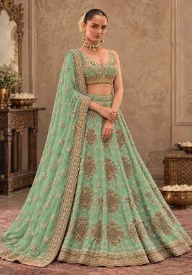 Light Green Sequin and Cutdana Embellished Chanderi Silk Lehenga Choli Set