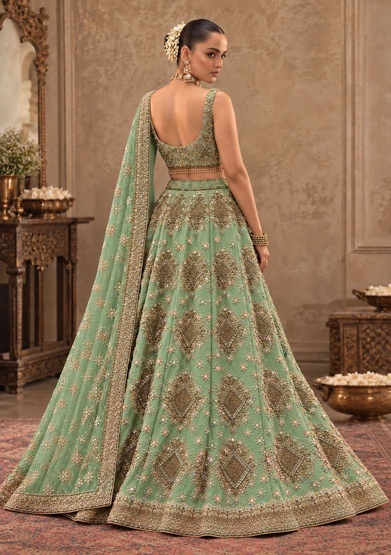 Light Green Sequin and Cutdana Embellished Chanderi Silk Lehenga Choli Set - Indya