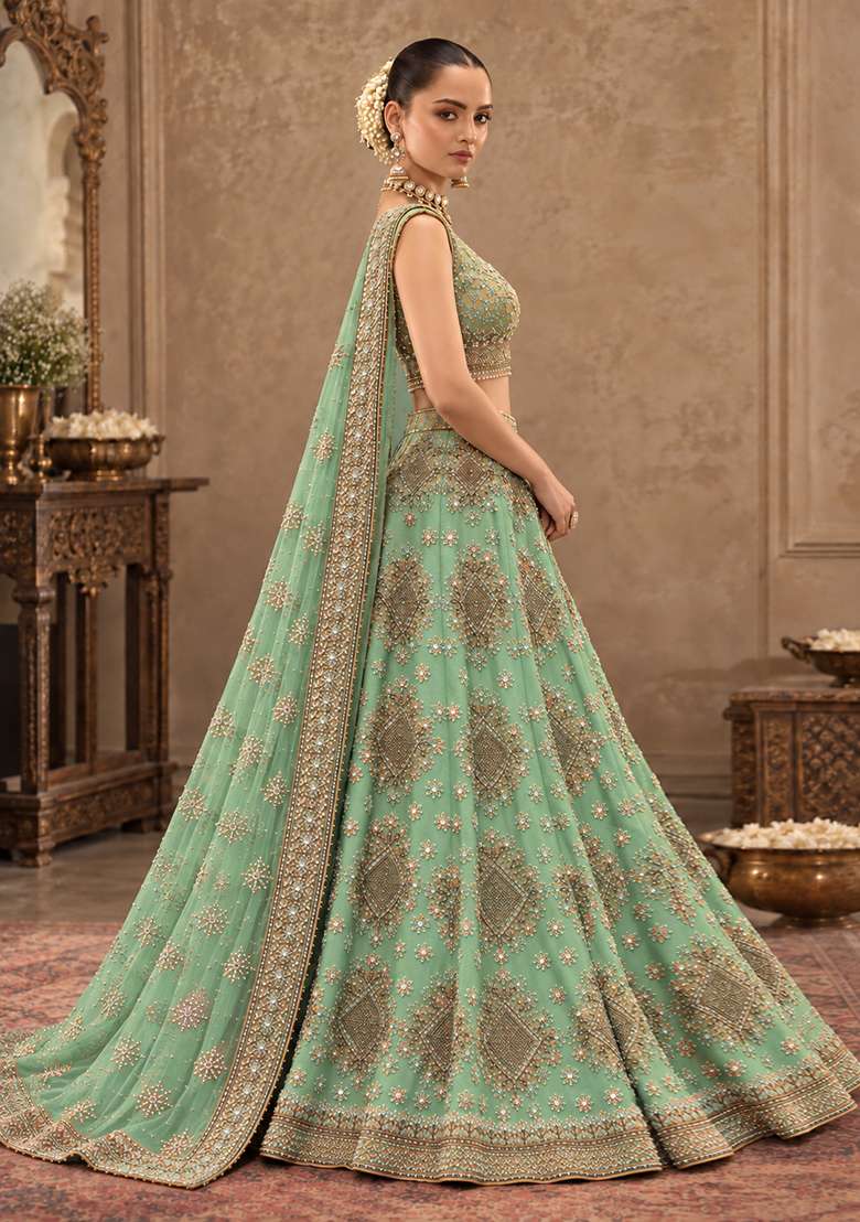 Light Green Sequin and Cutdana Embellished Chanderi Silk Lehenga Choli Set - Indya