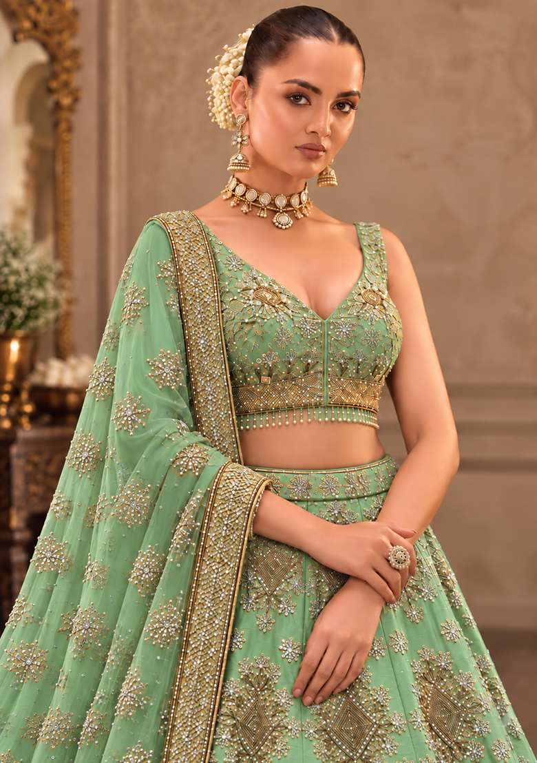 Light Green Sequin and Cutdana Embellished Chanderi Silk Lehenga Choli Set - Indya