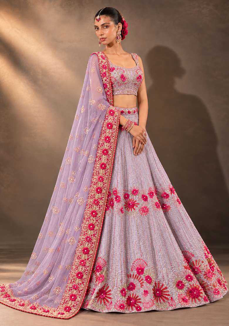 Lavender Sequin and Cutdana Embellished Chanderi Silk Lehenga Set with Organza Dupatta - Indya