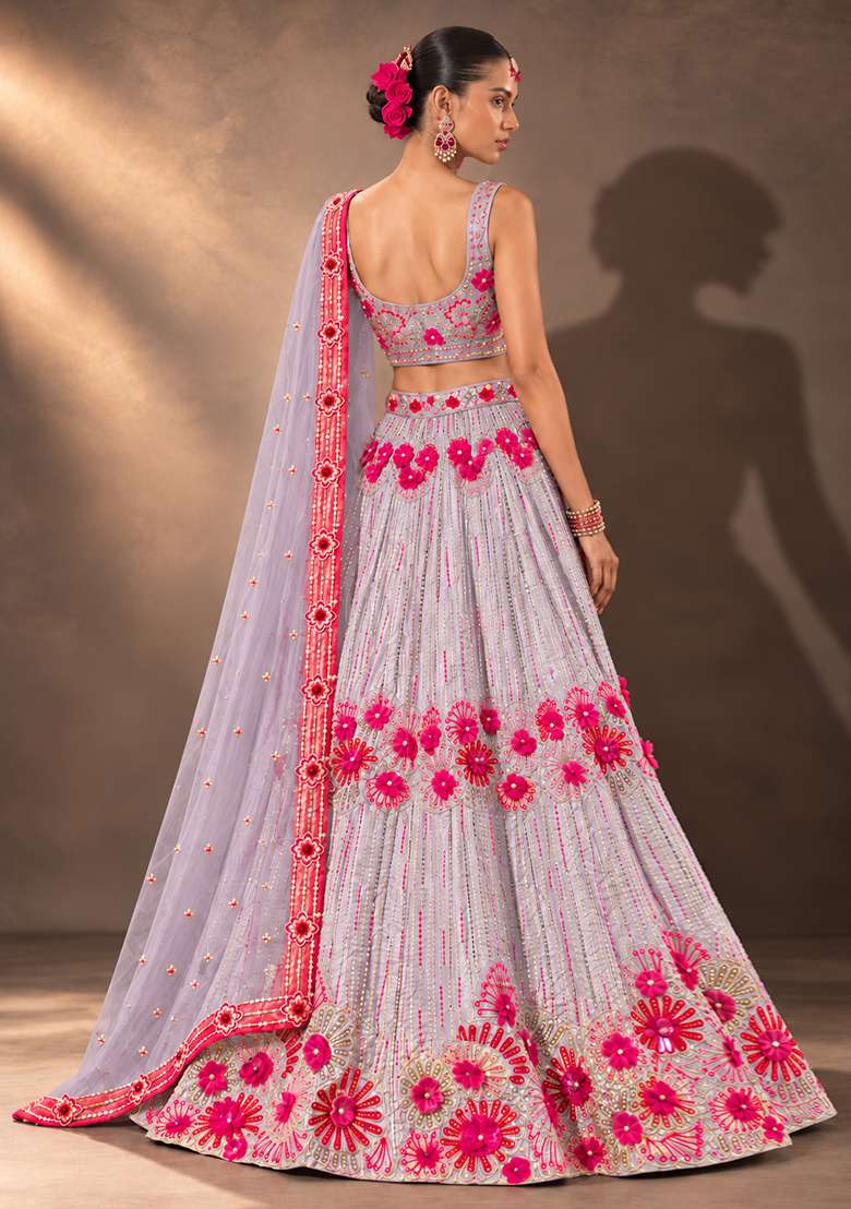Lavender Sequin and Cutdana Embellished Chanderi Silk Lehenga Set with Organza Dupatta - Indya