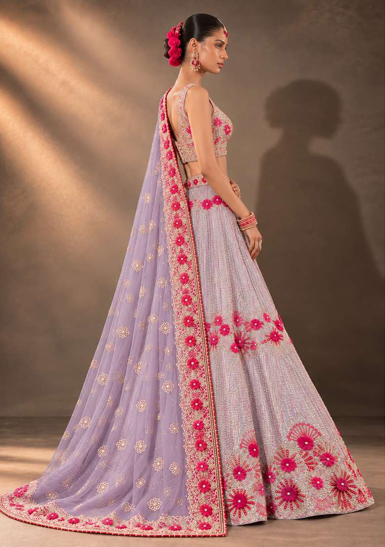 Lavender Sequin and Cutdana Embellished Chanderi Silk Lehenga Set with Organza Dupatta - Indya
