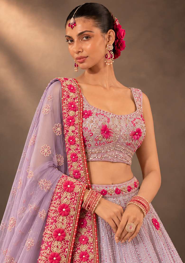 Lavender Sequin and Cutdana Embellished Chanderi Silk Lehenga Set with Organza Dupatta - Indya